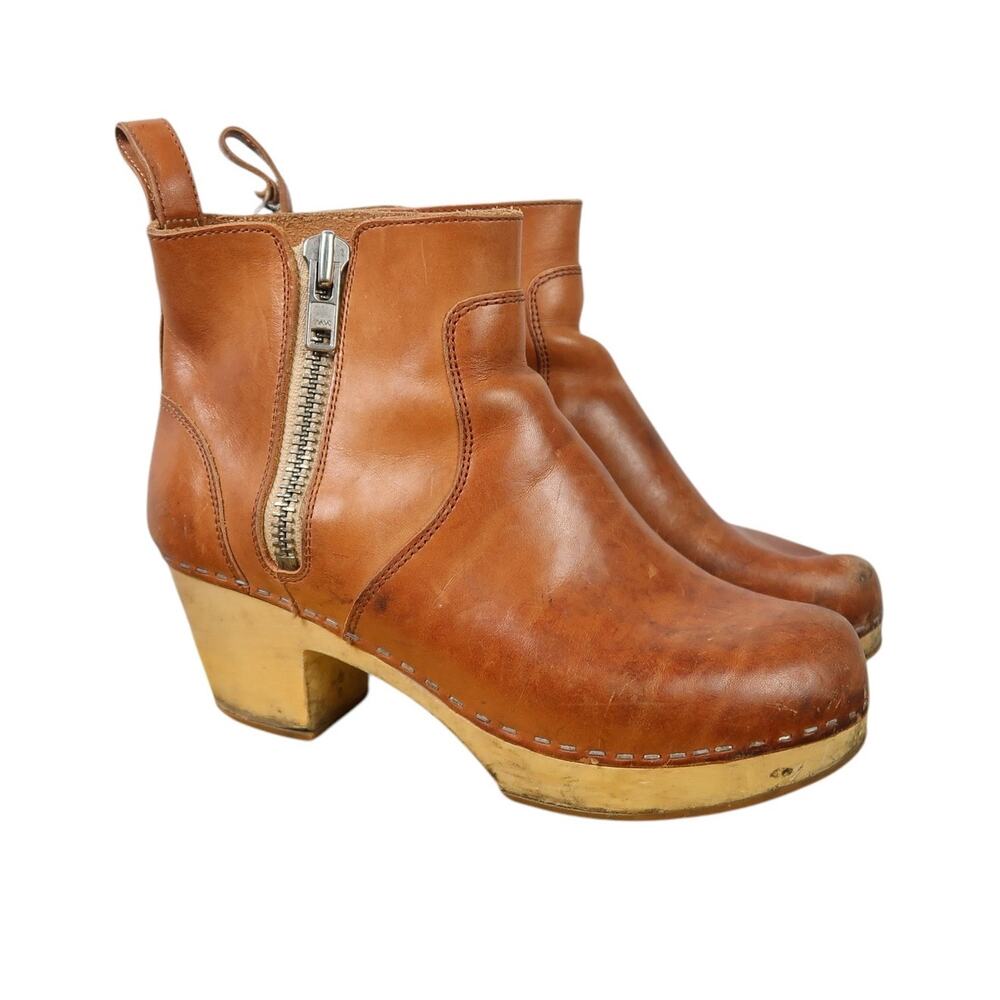 Swedish Hasbeens Zip It Emy Clog Bootie Nature Cognac Brown Leather 38
